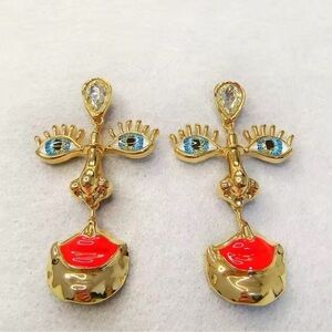 Anthropologie Visage Surrealism Gold Blue Eyes Earrings